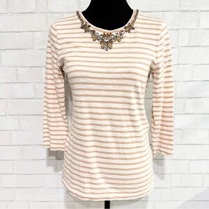 J. Crew Tan and White Stripe 3/4 Sleeve Rhinestone Embellished Shirt